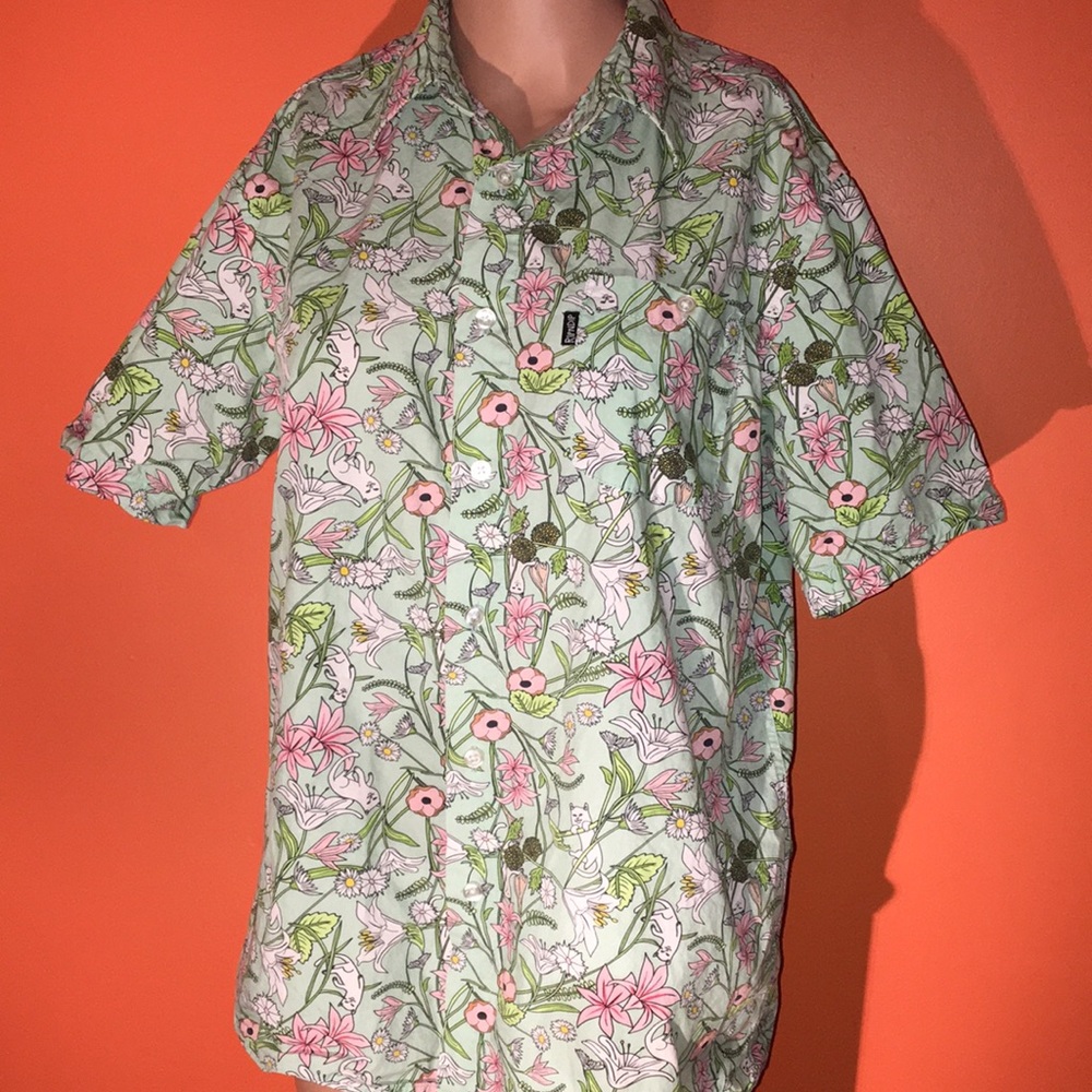 Flowers & Cats Green Button Up Short Sleeve Shirt Size Small 4/6 Cat Lady Blouse - Picture 7 of 9